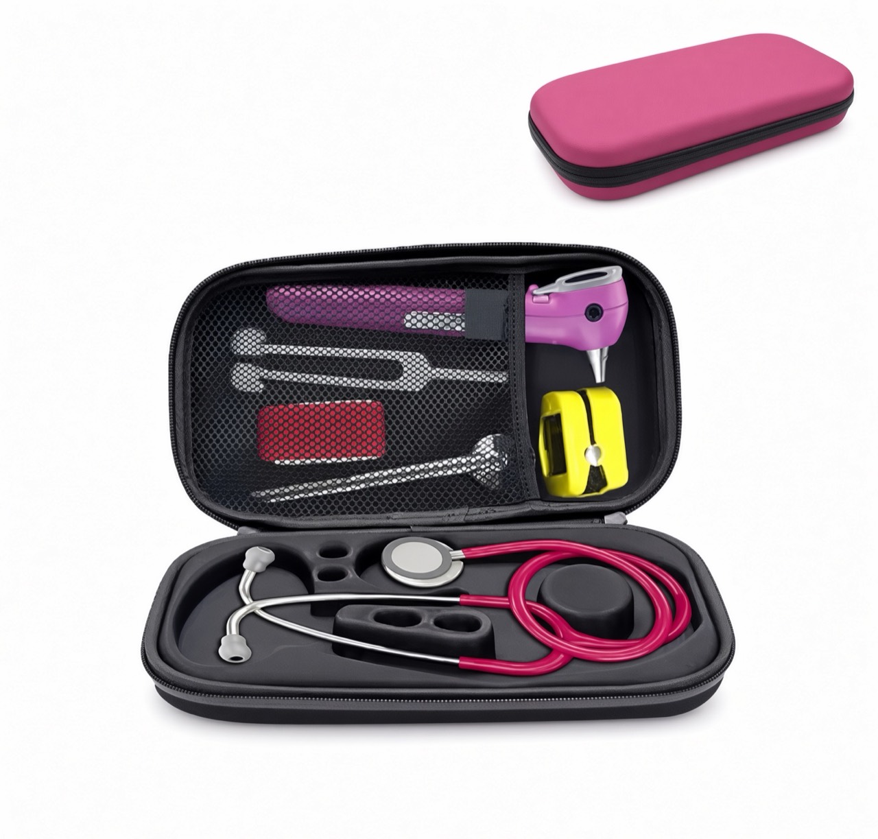 Case médica rígida aberta com instrumentos e detalhe da versão rosa fechada