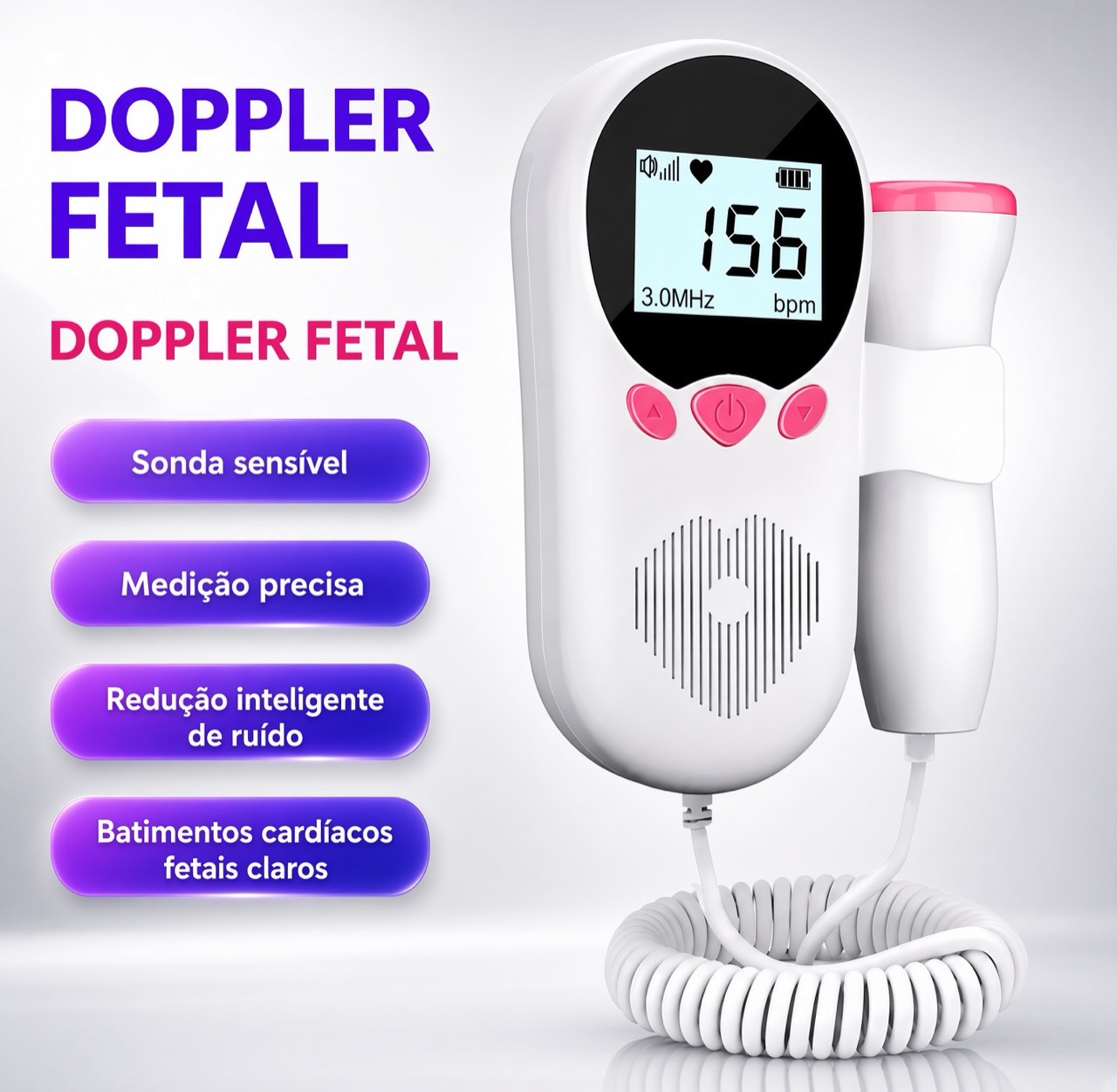 Doppler fetal 3,0 MHz branco e rosa com sonda externa e visor em BPM