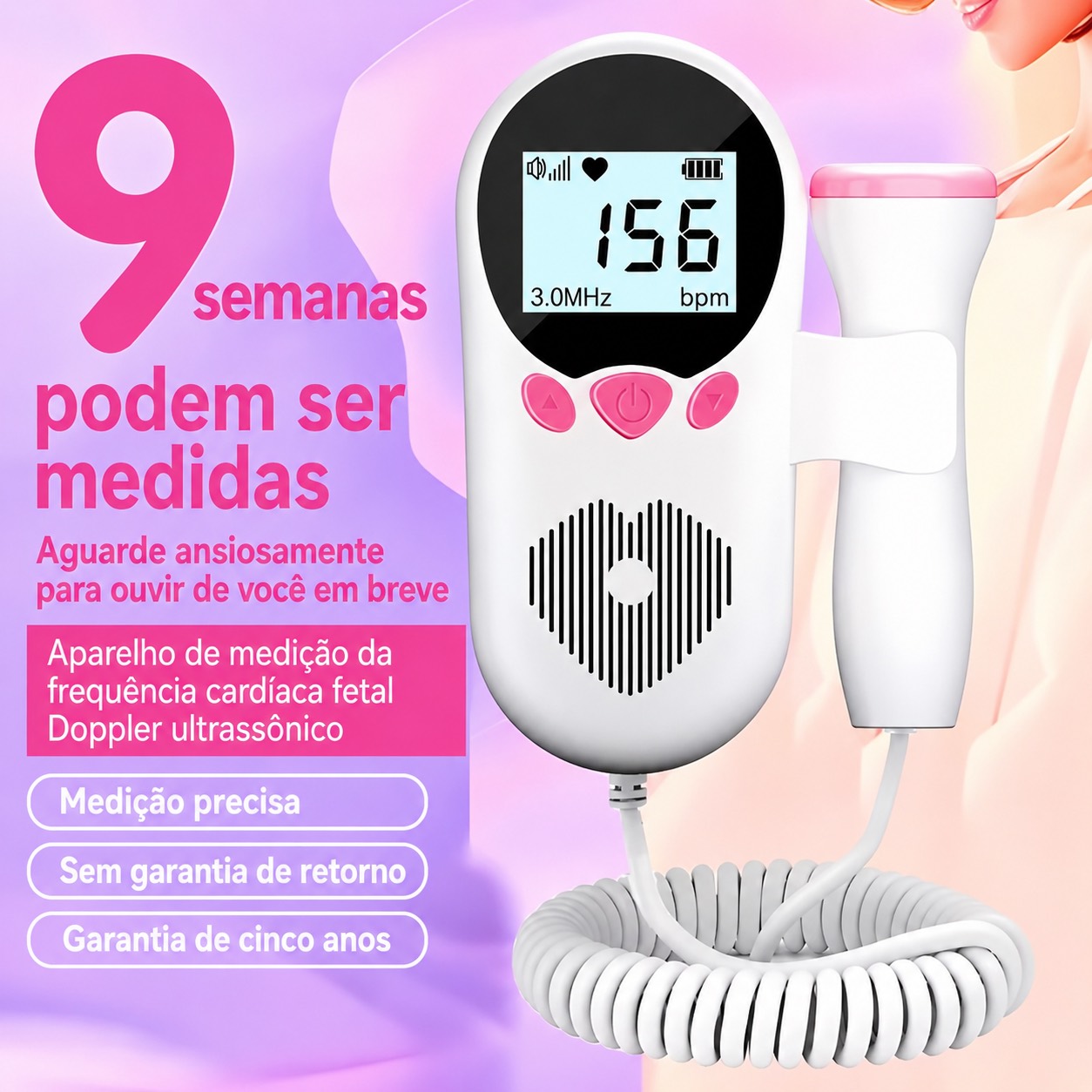 Arte recebida do Doppler fetal com sonda externa e informações promocionais de uso