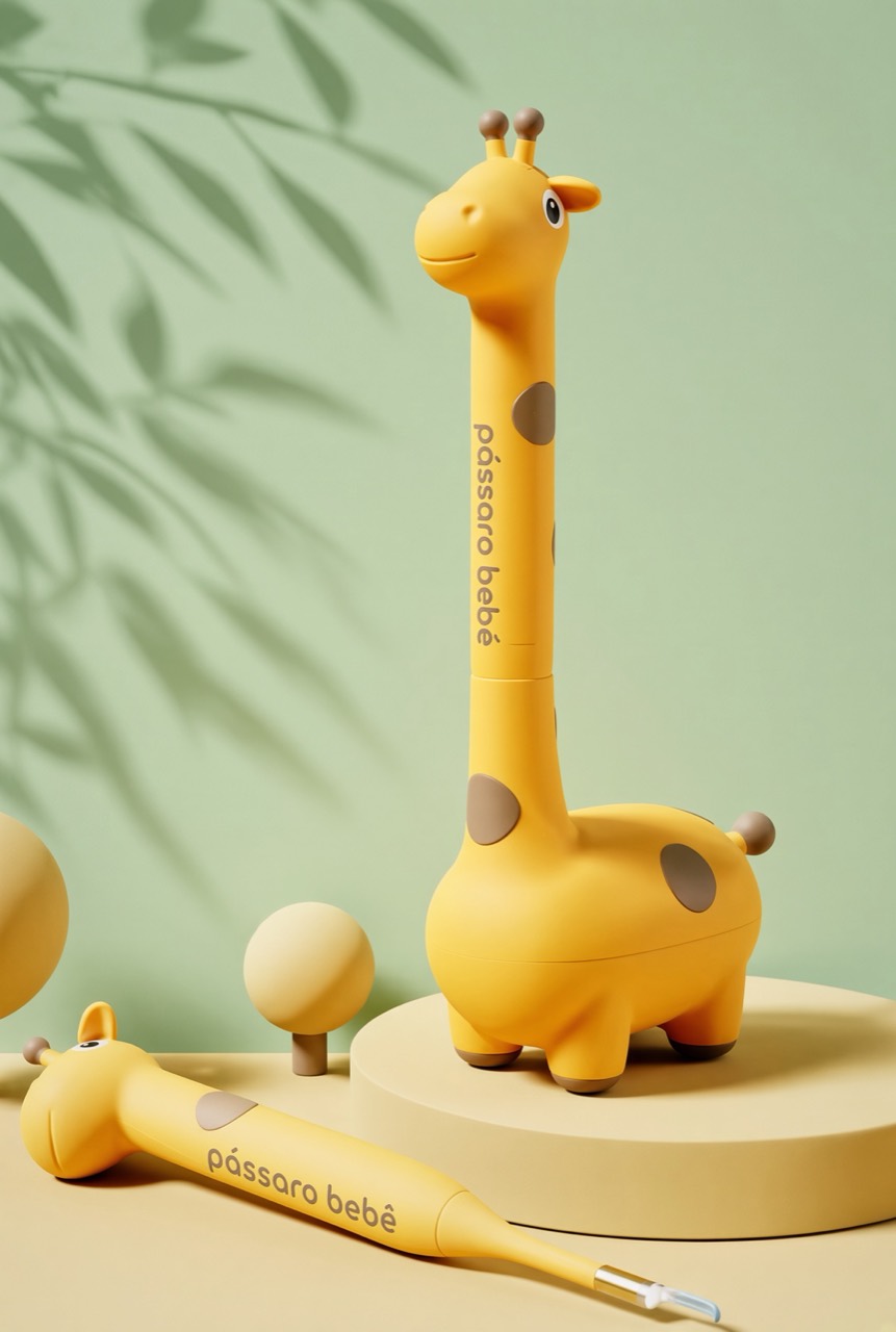 Otoscópio infantil amarelo em formato de girafa em duas posições