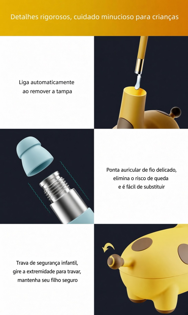 Quadro com detalhes do encaixe, da ponta e da trava infantil do conjunto