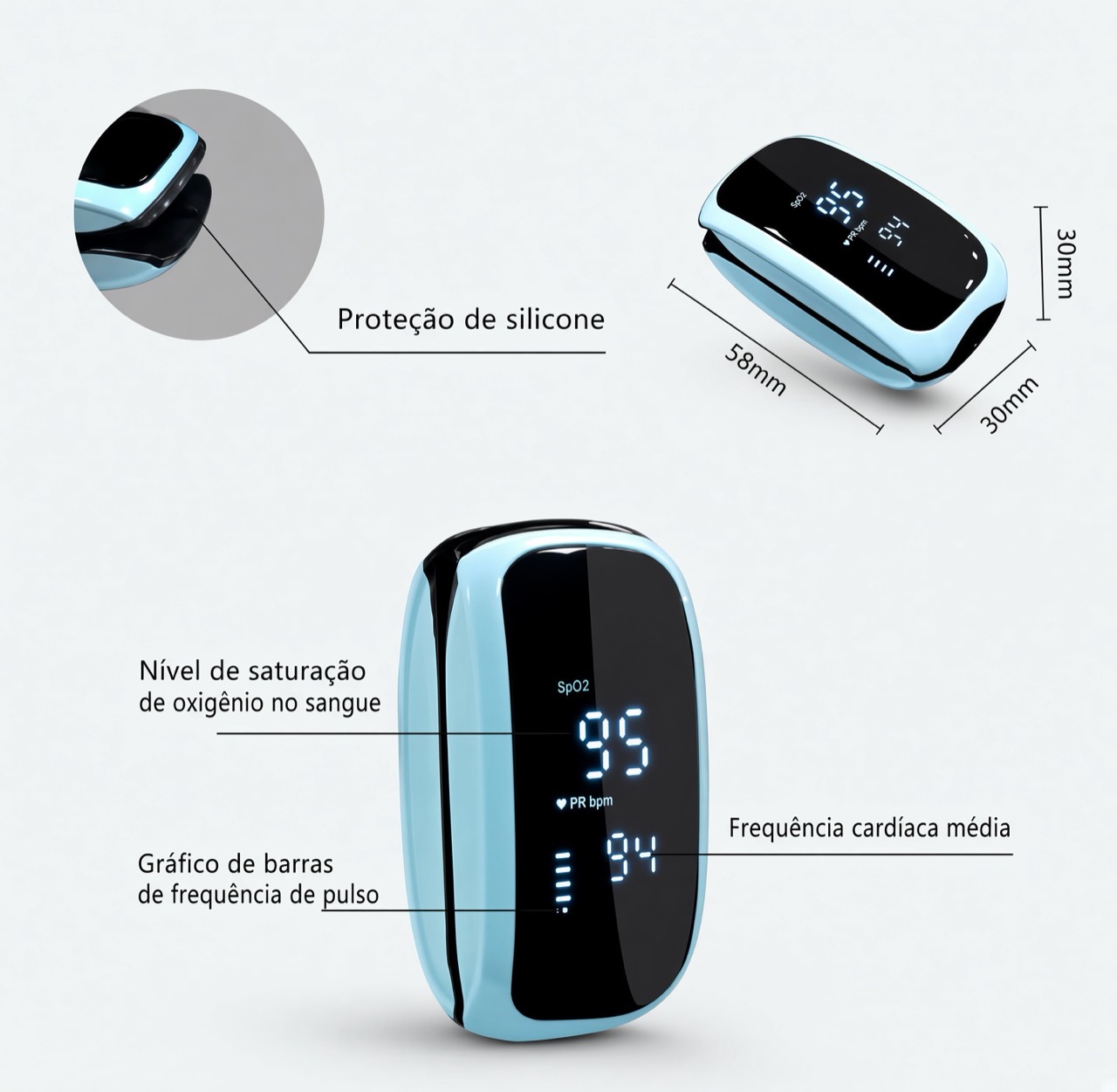 Oxímetro adulto recarregável com medidas e identificação dos dados exibidos no visor
