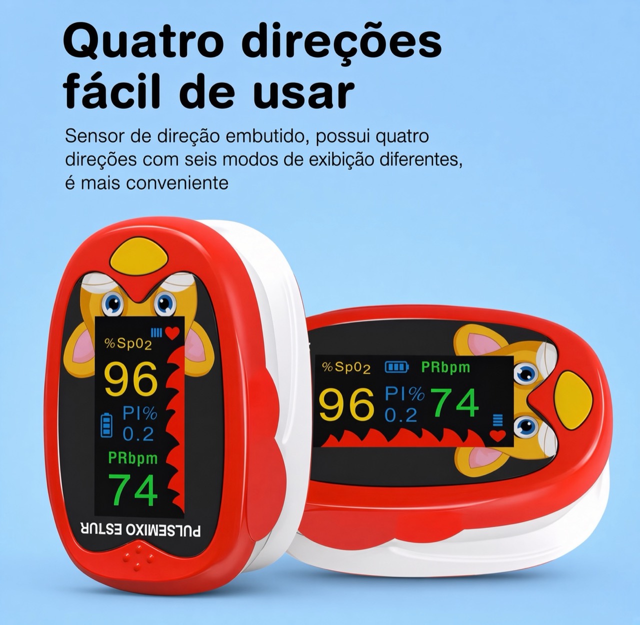 Oxímetro pediátrico vermelho mostrando o visor em quatro direções de leitura