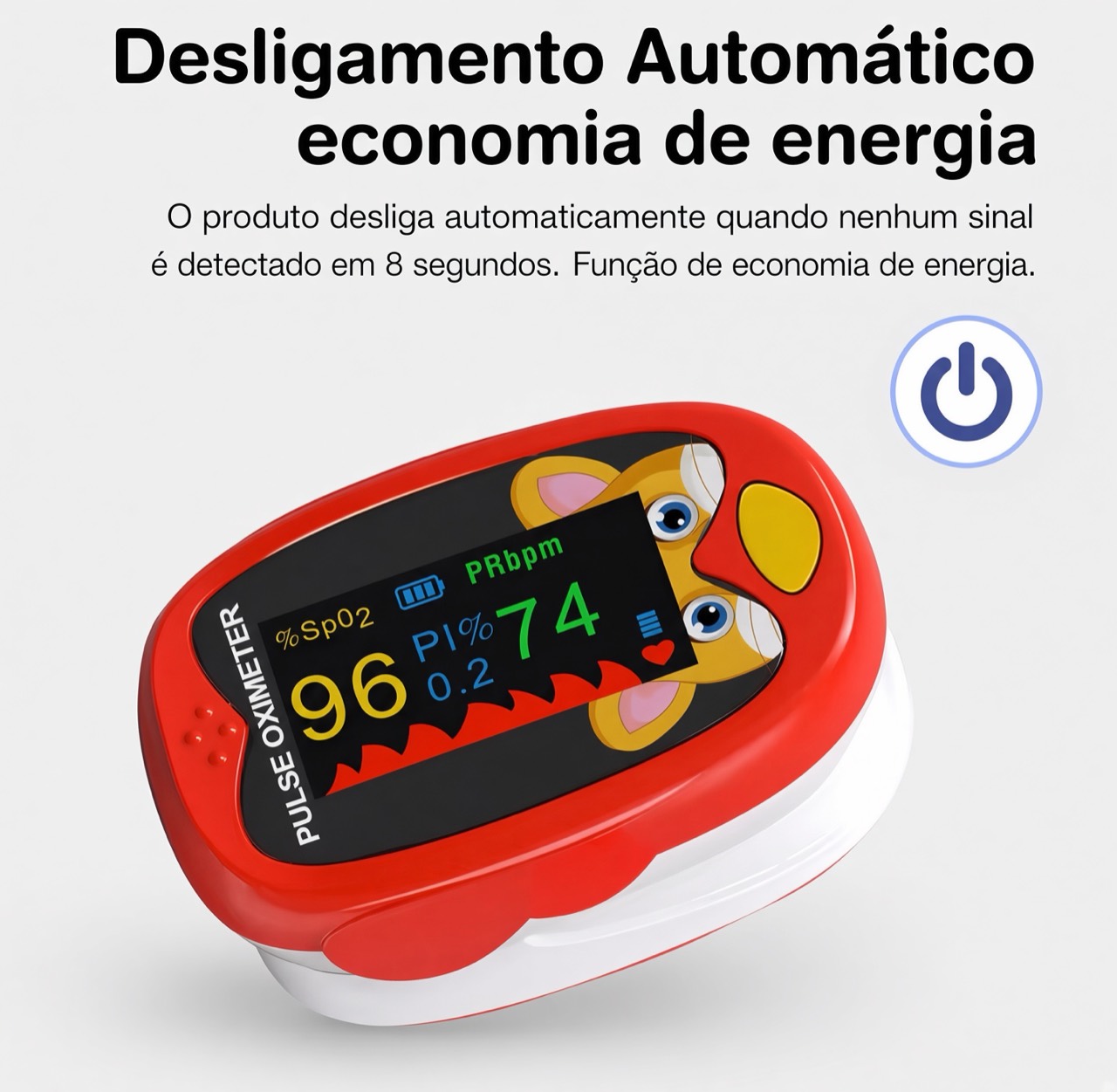 Oxímetro pediátrico vermelho com informação de desligamento automático para economia de energia