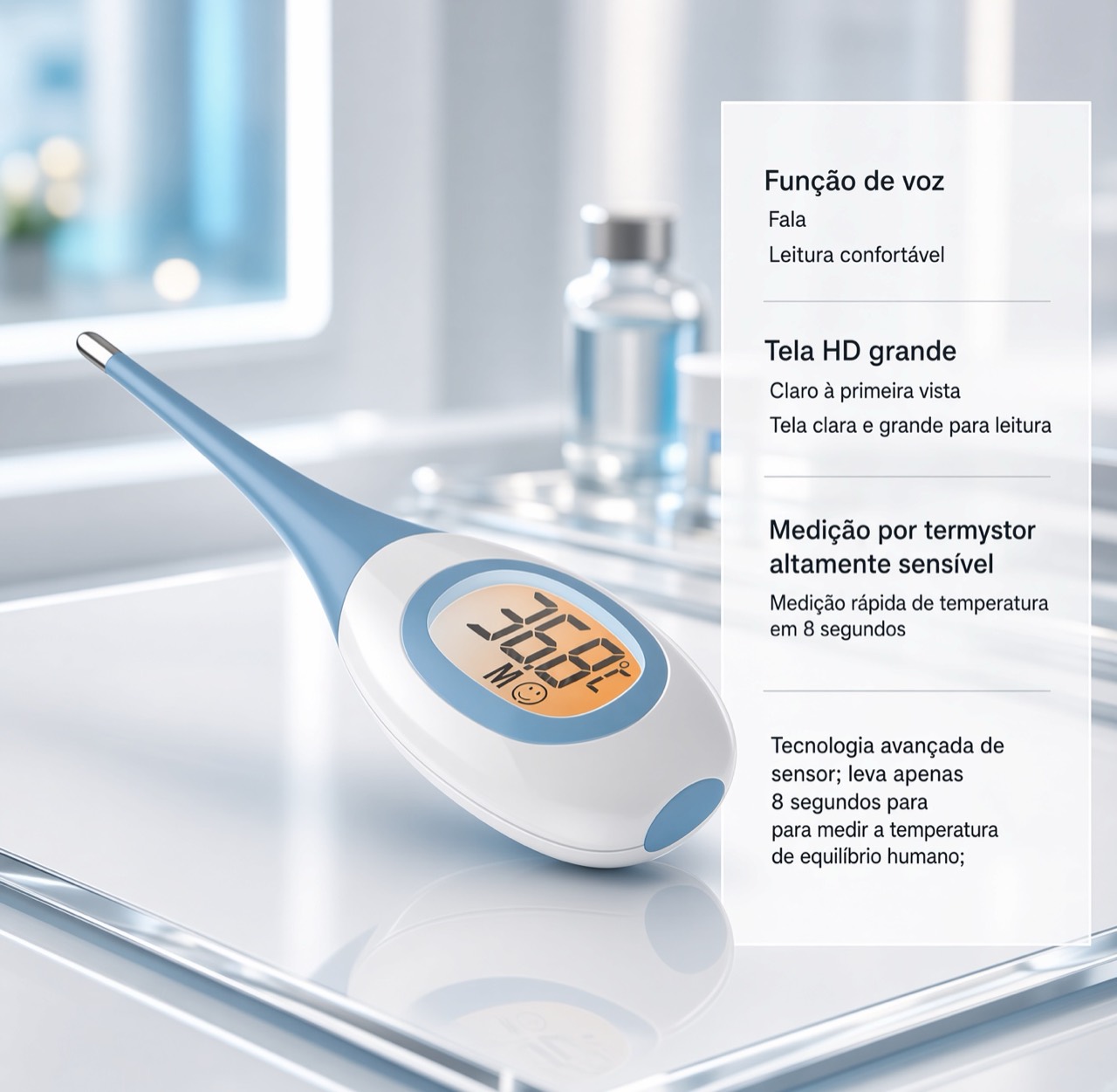 Termômetro digital de contato azul com tela ampla e informações de leitura e sensor